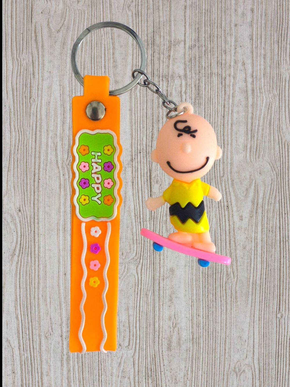 Charlie Brown Character Skateboard Keychain with Orange Strap